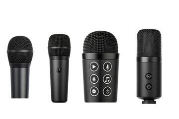 Minimalist audio icon set with microphone, headphones, and sound wave symbols. Vector line art for podcast, music recording, broadcast, and communication app interface design