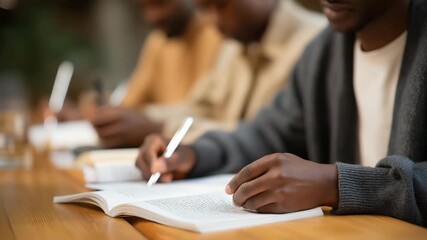 A multicultural creative writing circle sharing poetry inspired by their origins, handwritten pages laid out like a patchwork quilt on a wooden table — storytelling unity, literary diversity, and