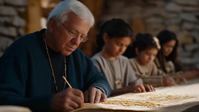 A multicultural circle of elders sitting at a long table, teaching younger generations ancestral crafts like weaving, calligraphy, and beadwork &mdash; intergenerational heritage preservation, cultural