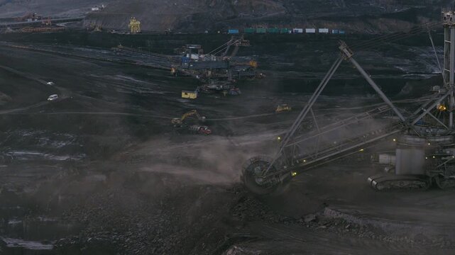 A large bucket wheel excavator in a lignite brown coal mine