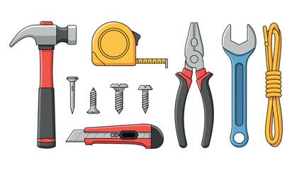 Hand tools collection: hammer, tape measure, pliers, wrench, utility knife, screws, nails, rope
