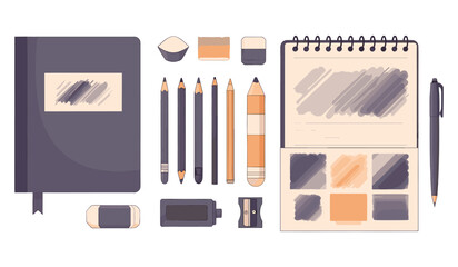 Art supplies arrangement with notebooks, pencils, and erasers on white background