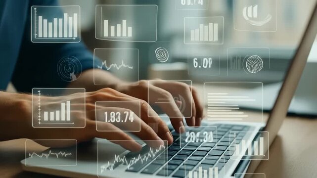Digital data analytics and business intelligence with holographic charts, hands typing on laptop for modern financial reporting and technology innovation