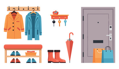 Cozy entryway with coats, shoes, umbrella, and keys