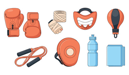 Boxing equipment set: gloves, wraps, mouthguard, speed bag, jump rope, water bottle