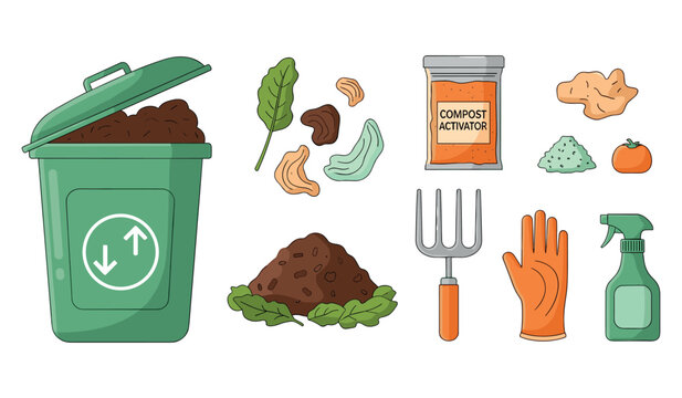Composting essentials: organic waste, bin, tools, and activator for eco-friendly gardening