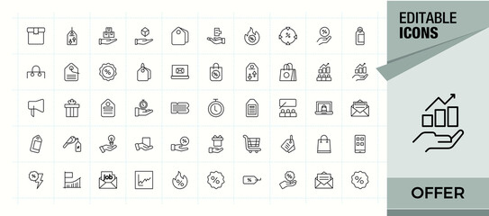 Offer icon set. Coupon line icon set. Outline icons collection. Contains related to present, commerce, surprise, shopping, coupon and more. Vector illustration in modern line style.