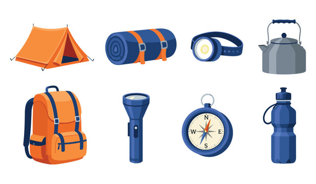 Camping gear collection: tent, backpack, flashlight, and more essential outdoor equipment