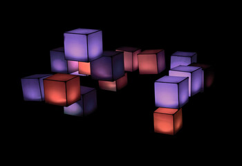 a lighting installation featuring an arrangement of glowing cubes floating in the dark background, physical cubes create dynamic, interactive visual displays