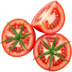 Three sliced tomatoes on transparent background