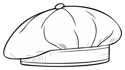 Black and white hand-drawn illustration of a classic newsboy cap, isolated.