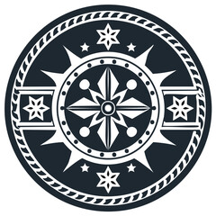 Intricate circular emblem with stylized compass rose stars and decorative rope border