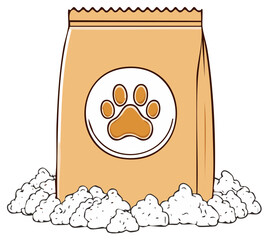 Cartoon illustration of pet food bag with paw print symbol and kibble