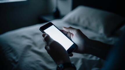 Man with light skin scrolling smartphone screen in dark bedroom, illuminated by device light, showcasing nighttime indoor relaxation and technology use
