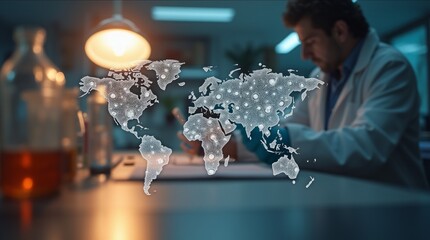 Medical professional analyzing data with world map overlay featuring medical icons, representing global infectious disease control and research in a laboratory environment