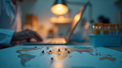 Health research concept with mosquitoes on world map, scientist working on laptop in laboratory, exploring disease transmission and prevention strategies with copy space