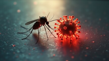Conceptual medical illustration of a mosquito silhouette interacting with a glowing virus particle
