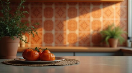 Retro kitchen scene featuring textured terracotta and vintage ceramic patterned tiles, with fresh oranges on a plate and greenery, creating a warm and inviting atmosphere