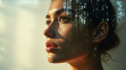 Portrait of a woman with a serene expression, featuring a double exposure effect blending her face with lush forest reflections, creating a harmonious connection with nature