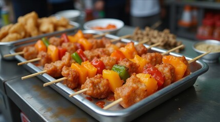 Colorful Korean street food skewers arranged on a vendor stall tray, showcasing vibrant ingredients and enticing presentation, perfect for culinary enthusiasts and food lovers