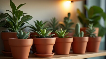 Vibrant terracotta and ceramic plant pots arranged on a wooden shelf, showcasing a cozy interior detail with lush greenery and warm lighting ambiance