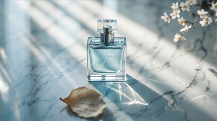 Elegant perfume bottle on a marble surface, surrounded by delicate flowers and a dried leaf, symbolizing luxury, niche scent, and long-lasting fragrance