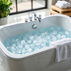 Wellness lifestyle cold plunge ice bath tub filled with floating ice cubes for hydrotherapy, featuring a clean design and serene atmosphere with copy space