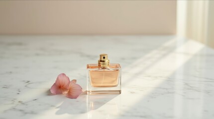 Elegant perfume bottle resting on a marble surface with soft light illuminating the scene, symbolizing luxury, niche fragrance, and lasting allure