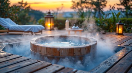 Wooden ice pool surrounded by steam clouds, outdoor wellness retreat with cozy ambiance, inviting relaxation and tranquility in a serene natural setting