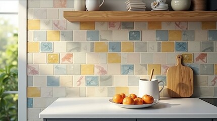 Colorful ceramic statement tiles forming a bold accent wall backsplash in a modern kitchen, showcasing vibrant patterns and textures with natural light illuminating the space