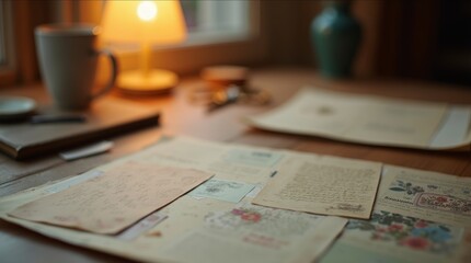 Handmade craft scrapbook style composition featuring aged paper textures, overlapping vintage clips, and warm ambient lighting creating a cozy workspace atmosphere