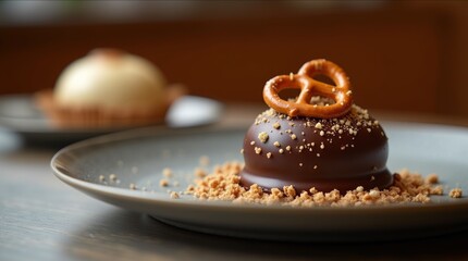 Modern dessert plate featuring a chocolate treat topped with salted pretzel crumble, showcasing culinary trend and innovative presentation for contemporary dining experiences