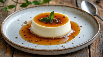Gourmet still life featuring modern dessert plate with vanilla panna cotta topped with miso caramel drizzle and garnished with mint leaves, showcasing culinary artistry and elegance