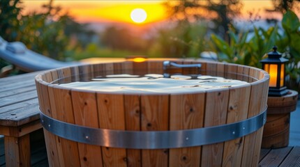 Outdoor wooden tub filled with water, surrounded by greenery, captures the essence of hydrotherapy and relaxation, perfect for cold and contrast therapy sessions at sunset