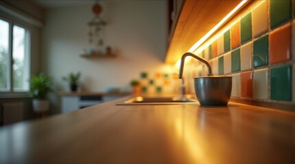 Retro kitchen style featuring vibrant patterned ceramic tiles as a backsplash accent wall, creating a cozy home atmosphere with warm lighting and inviting decor