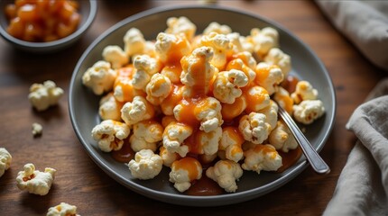 Gourmet still life of popcorn drizzled with miso caramel, showcasing the delightful contrast of salty and sweet flavors in a visually appealing arrangement