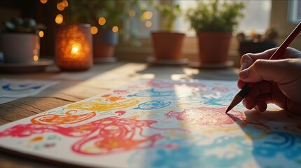 Creative abstract hand drawn doodles overlapping vivid brush paint strokes on canvas, showcasing artistic expression with vibrant colors and textures in a cozy workspace with natural light