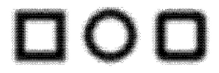 Bitmap geometric shapes set. Distorted pixel Y2k halftone