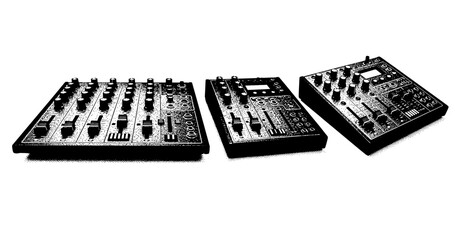 Analog sound mixers: classic audio equipment with dials and knobs