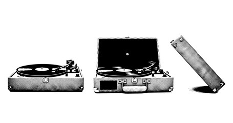 Vintage portable record players in halftone style with open and closed lids