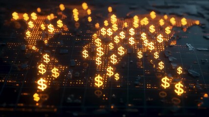 Glowing dollar signs on a digital world map animation, Digital map with glowing dollar signs scattered across it - Powered by Adobe