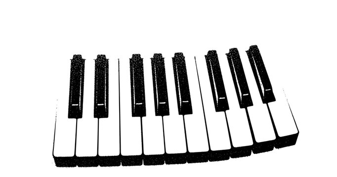 Curved piano keyboard with black and white keys in abstract design