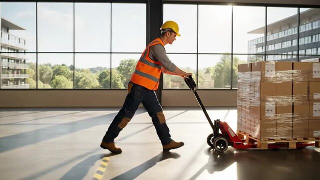 Warehouse worker moving palletized cargo with manual jack