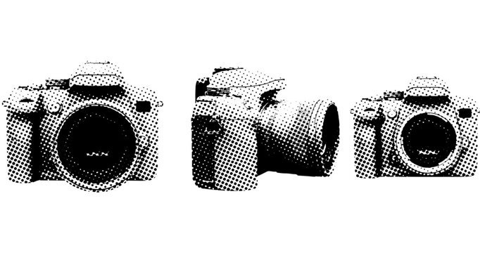 Retro pop art style cameras trio: front and side views