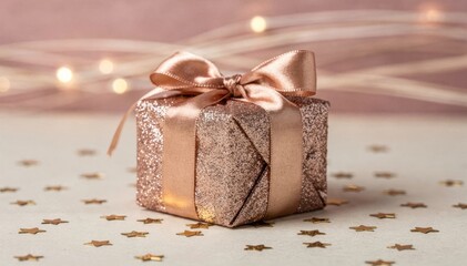 Elegant rose gold glitter gift box with satin ribbon and festive bokeh lights