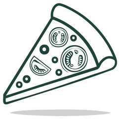 A simple line art drawing of a single slice of pizza with tomato and olive toppings