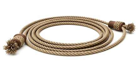 Coiled lasso rope with tassels and leather ends on white background