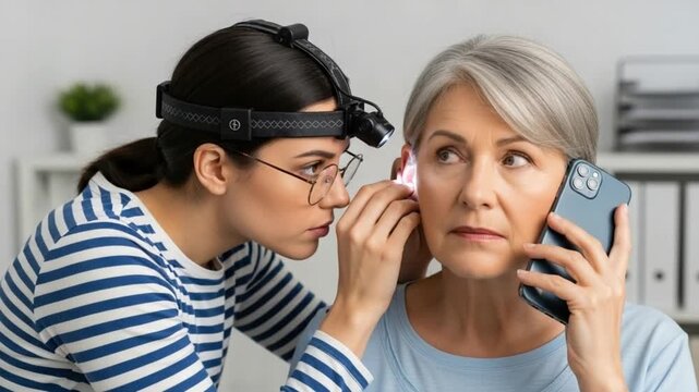 Audiologist examining senior womans ear with magnifying headset and tool