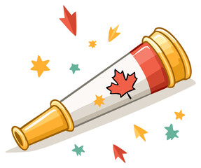 Cartoon telescope with Canadian flag and maple leaf symbol, surrounded by colorful stars and arrows