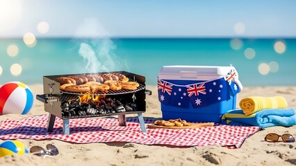 A summer barbecue on the beach with an australian flag cooler and grilling sausages. Australia day bbq for national celebration, holiday food marketing, outdoor lifestyle content,social media campaign
